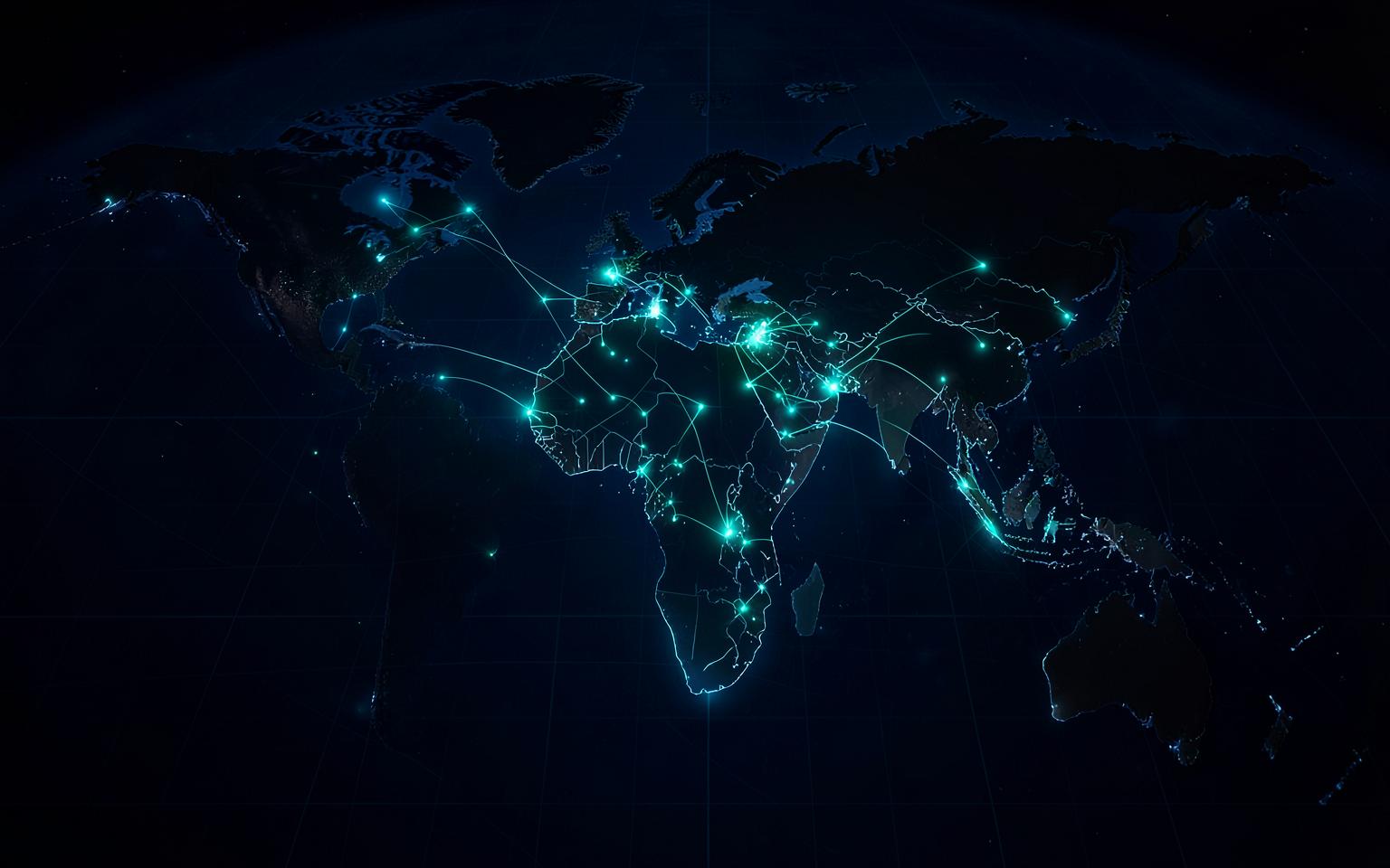 World map showing Technure Digital's network reach across Asia, Africa and the Middle East